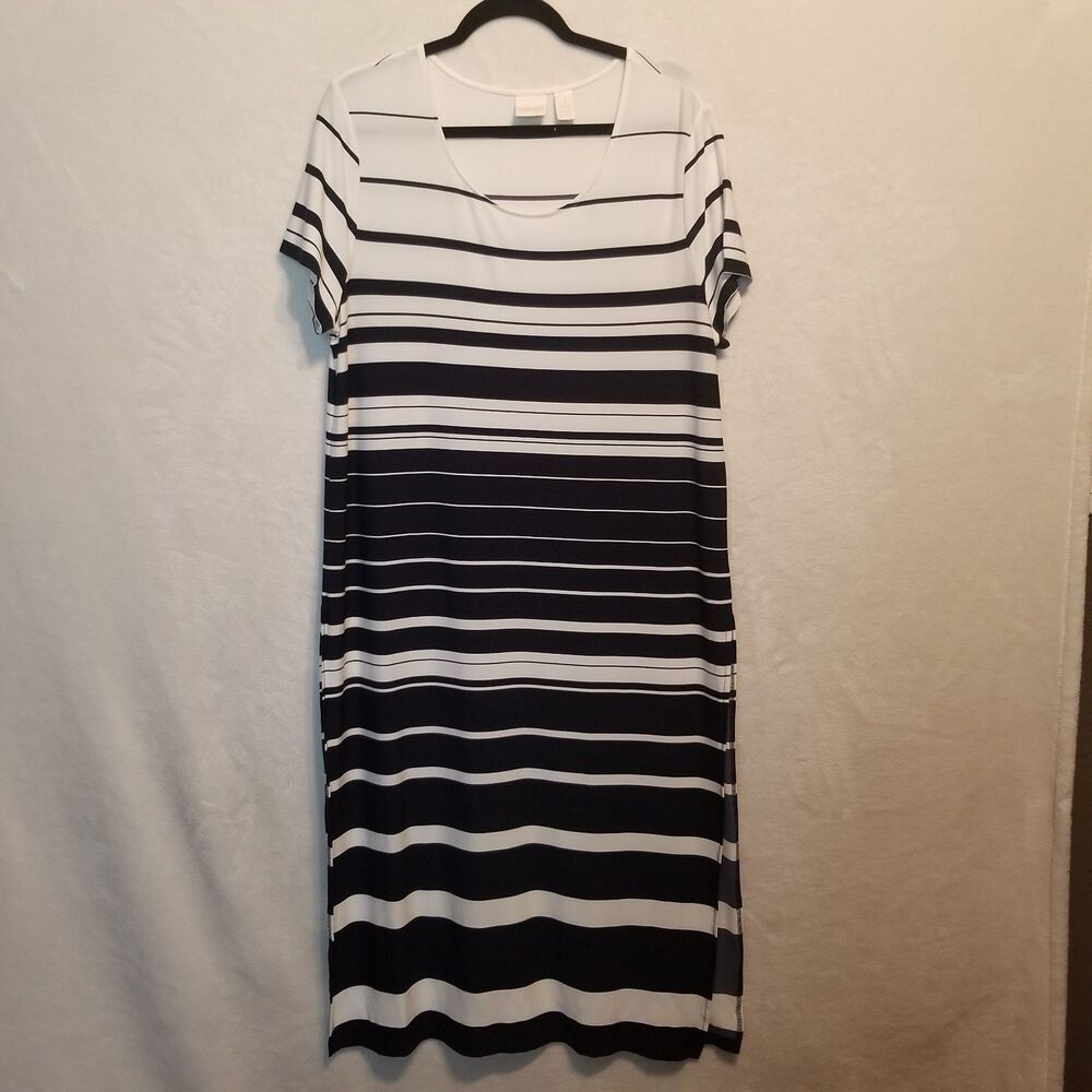 Chicos 3 (XL) Dress Midi Black White Striped Side Slits Stretch Coastal Cruise